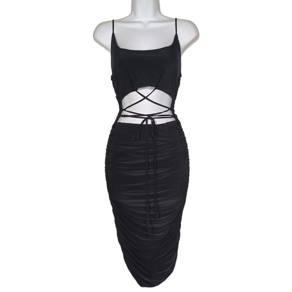 SABORA Criss Cross Lace Up Front Sleeveless Ruching Black Midi Dress Medium